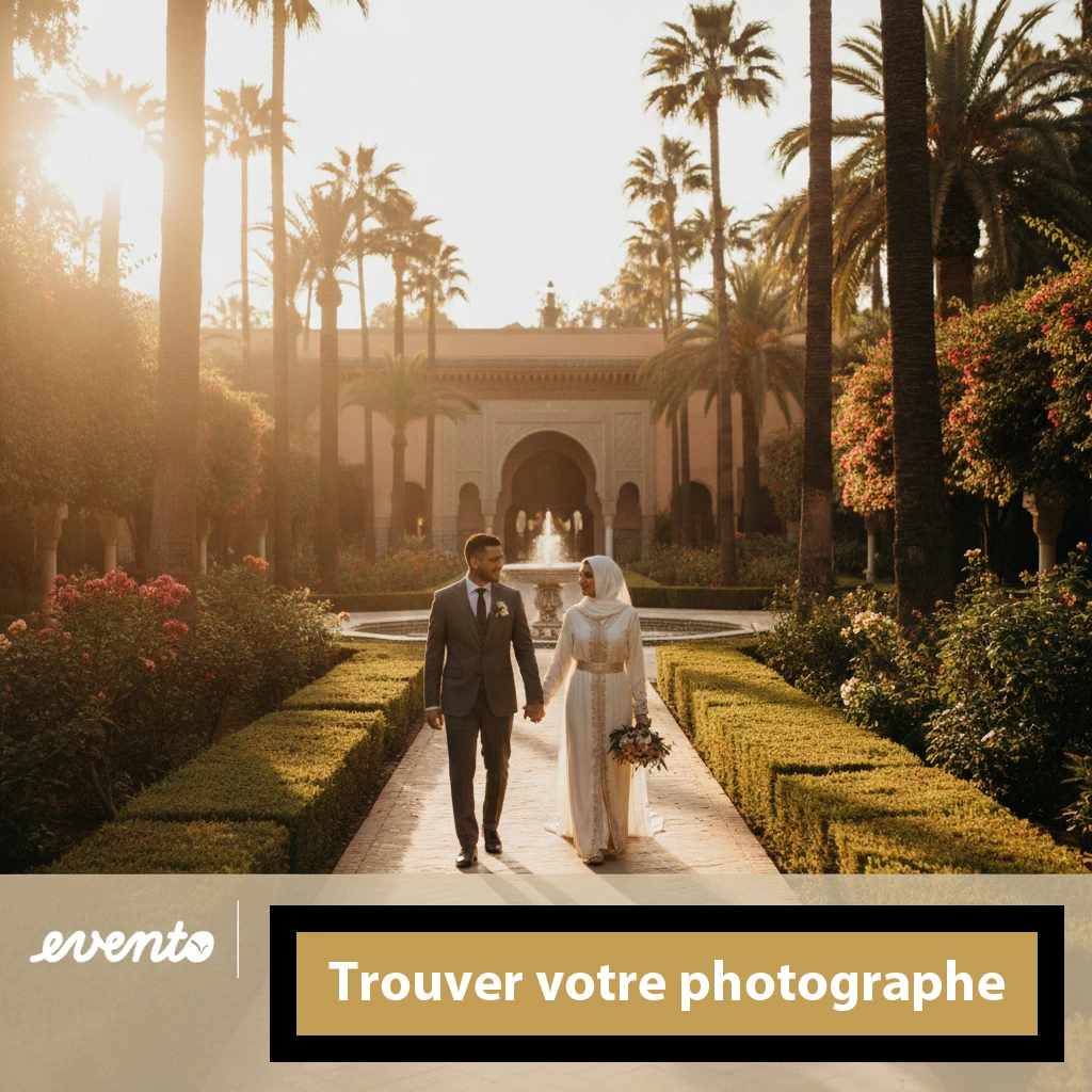 Couple de mariés posant dans les jardins d'un palais à Marrakech